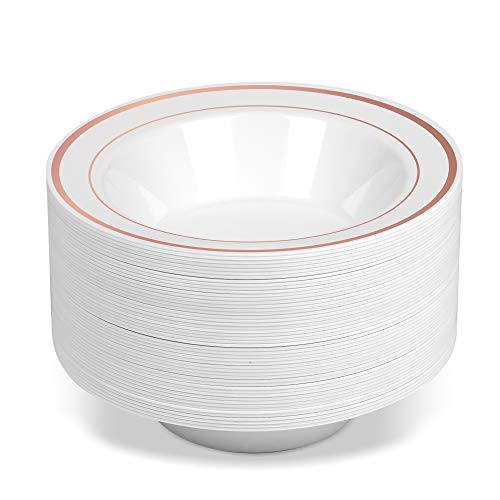 50 Disposable White with Rose Gold Trim Plastic Soup Bowls 14 oz