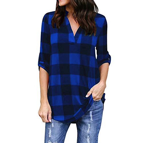 Newkelly Women Roll-up Long Sleeve Plaid V Neck Office Work Blouse Tops T-Shirts