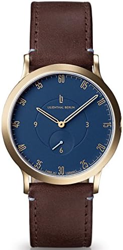 Lilienthal Berlin Watch - Made in Germany - Designed in Berlin. Model L1 with Gold Plated Stainless Steel Case, small, brown Leather Band &amp; blue Dial