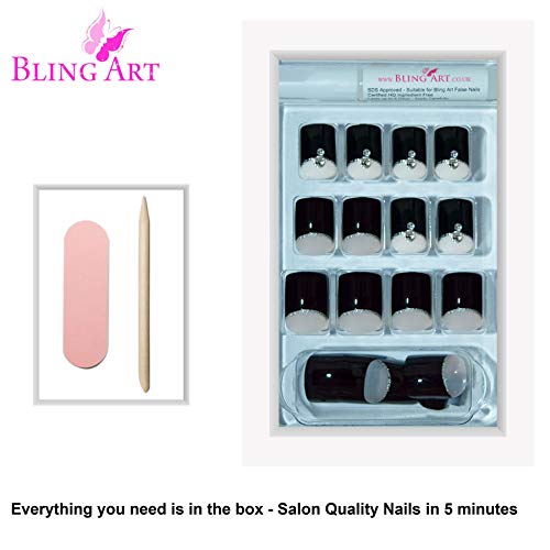 False Nails by Bling Art Black Glitter French Manicure Fake Medium Tips with Glue