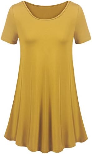 Uvog Women Scoop Neck Casual Blouse Shirts Short Sleeve Flare Hem Long Tee Tops (2XL, Yellow)