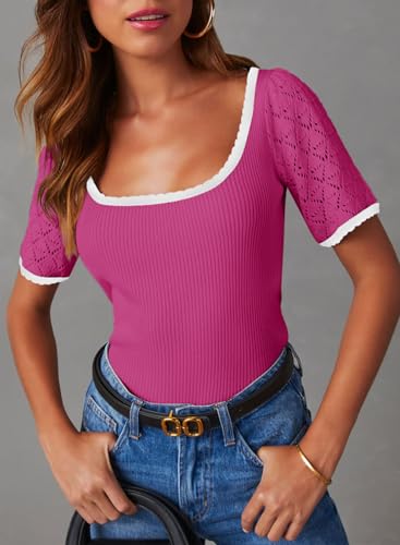 DOKOTOO WOMENS TOPS SPRING SUMMER 2024 FASHION PUFF SHORT SLEEVE SWEATER TOP CASUAL SQUARE NECK LOOSE FIT LIGHTWEIGHT PLUS SIZE PULLOVER T SHIRTS DRESSY KNIT BLOUSES TUNIC TOPS PINK MEDIUM