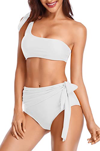 Alamree Womans Tie Front High Leg 2 Piece Swimsuits One Shoulder Bathing Suit White S - Thumbnail 2