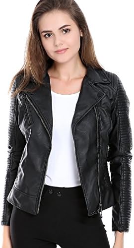 FAYBOX Slim Faux Leather Black Jacket Racer Motorcycle Biker Coat Women M