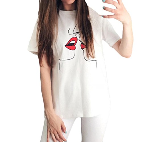 Click Here to See More Images NREALY Fashion Casual Women Short Sleeve Lips Printing Top Solid Blouse T-Shirt