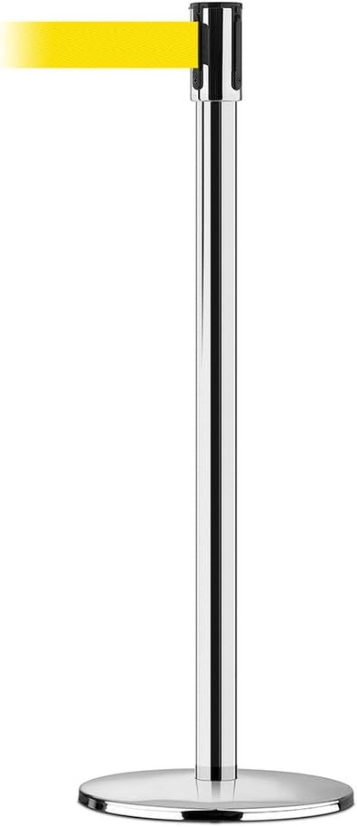 890U-1P-1P-1P-STD-NO-Y5X-C Slim Line Post with Polished Chrome Universal Base, Tube and Head, 7.5' No Custom Yellow Webbing Standard Belt