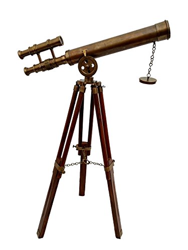 VINTAGE NAUTICAL ANTIQUE STYLE DOUBLE BARREL TELESCOPE BROWN ANTIQUE 18 INCH WITH WOODEN BROWN TRIPOD......
