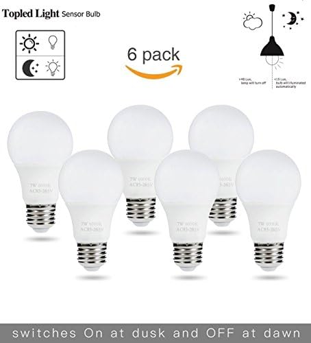 LED Light Sensor Bulbs, Topled Light 7W Automatic Dusk to Dawn Light Bulb Daylight E26/E27 Cool White Outdoor Indoor LED Night Lighting Bulbs for Porch Garage Basement Hallway Stairs, 6 Packs