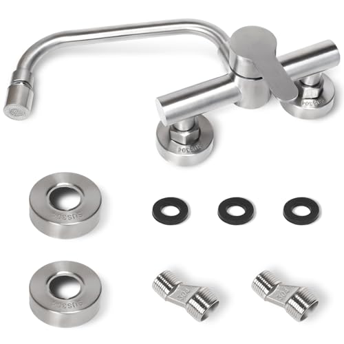 FALSKT Wall Mounted Kitchen Tap 360° Swivel Stainless Steel Kitchen Tap Wall Mixer Cold and Hot Water Outlet Can Rotate for Kitchen, Bathroom, Garden (Silver)