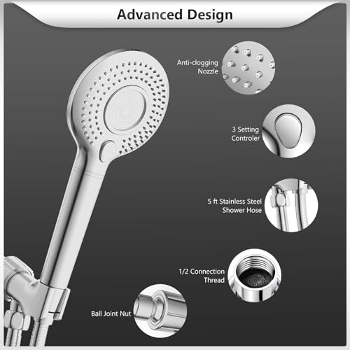 FEELSO Hard Water Filter Shower Head, 15 Stage Shower Filter 3 Spray Modes High Pressure ShowerHeads and 1.5m Hose, Residual Chlorine Remove Shower Filter, Handheld Shower Head and Hose Silver