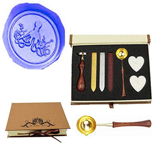 MNYR Vintage Octopus Sealing Wax Seal Stamp Wood Handle Melting Spoon Wax Stick Candle Gift Book Box kit Wedding Invitation Embellishment Holiday Card Christmas Gift Wrap Package Seal Stamp Set
