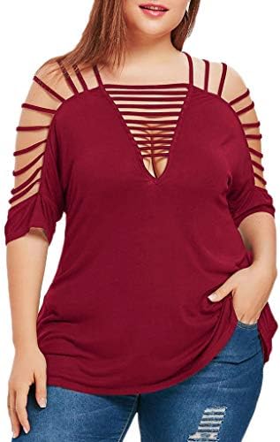 TUSANG Womens Plus Size Hollow Out V-Neck Cut Out Strappy T-Shirt Tops Blouse Short Sleeve Blouse Casual Tunic