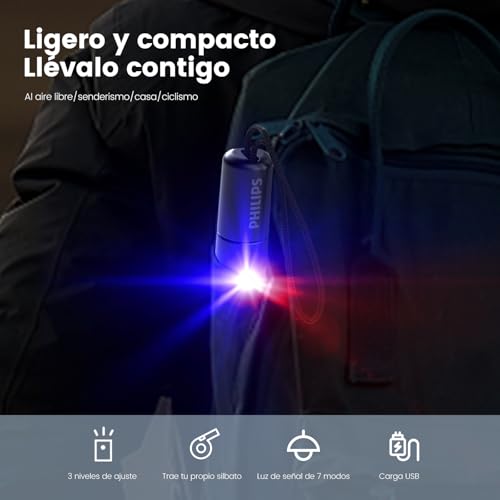 PHILIPS SFL1126 Linterna LED Recargable, Linterna Portátil con Silbato de Supervivencia, 300 Lúmenes Mini Flashlight, Multiusos para Lectura, Paseo de Perros, Emergencia