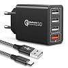 JOOMFEEN Caricatore USB Con Cavo USB Type C da Muro, Quick Charger 3.0 30W/6A Carica Rapida 4 Porte Multiplo da Parete per Samsung Galaxy S10/S9/S8 Plus/Note 8,Huawei P20/P30,Xiaomi