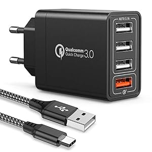 JOOMFEEN Caricatore USB Con Cavo USB Type C da Muro, Quick Charger 3.0 30W/6A Carica Rapida 4 Porte Multiplo da Parete per Samsung Galaxy S10/S9/S8 Plus/Note 8,Huawei P20/P30,Xiaomi