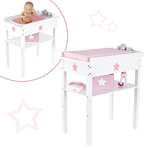 SUN Puppenwickeltisch Bade- & Wickelkombi 2in1 Sternchen aus Holz (Weiß-Rosa)