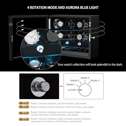 DUKWIN Watch Winder for 4/6/8/12 Automatic Watches, Lockable Automatic Winders with Extra 4/6 Watch Storages, 4 Rotation Modes, Quiet Mabuchi Motor, Sfot Watch Pillows and Blue Backlight