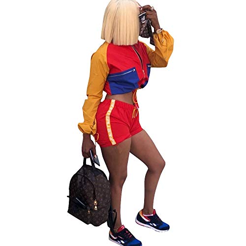 Women's 2 Pieces Outfits Long Sleeve Zipper Jacket and Short Pants Set Tracksuits - Thumbnail 3