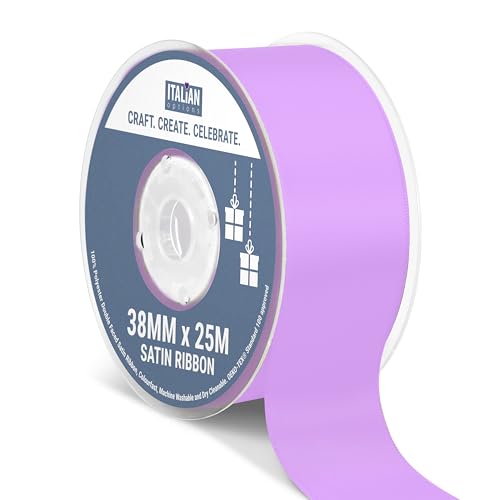 Italian Options Satin Ribbon, Fabric Ribbons for Gift Wrapping, Crafting, Balloons, Wedding Car, Presents, Cake, Christmas, Birthday, Gift Wrap Accessories, 38mm Wide x 25 Metre Roll, Lilac