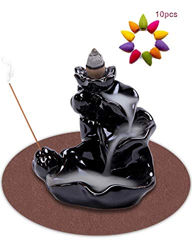 DK177 Waterfall Incense Holder Backflow Cone Ceramic Burner Handcrafted Porcelain Censer Inscent Stick Stand with 10 Free Cones Sets