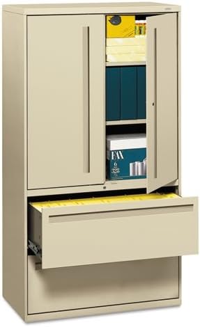 HON Products - HON - Brigade 700 Series Lateral File With Storage Cabinet, 36w x 19-1/4d x 67h, Putty - Sold As 1 Each - Hinged doors conceal 36 1/4amp;quot; storage space with two adjustable shelves. - Bottom shelves hold two rows of three-ring binders. - Keyed alike locks secure doors and lateral file drawers independently. - Two lateral file drawers with steel bearing suspension for letter/legal size filing. - Three-part telescoping slide suspension.