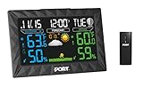 PORT Digital Weather Forecast Alarm Clock - Color LED Display & Indoor/Outdoor Wireless Sensor – Temperature, Humidity, Thermometer, Barometer, Time & Date Monitor – oC/of & 12/24-Hour Mode