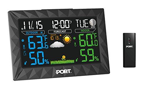 PORT Digital Weather Forecast Alarm Clock - Color LED Display & Indoor/Outdoor Wireless Sensor – Temperature, Humidity, Thermometer, Barometer, Time & Date Monitor – oC/of & 12/24-Hour Mode