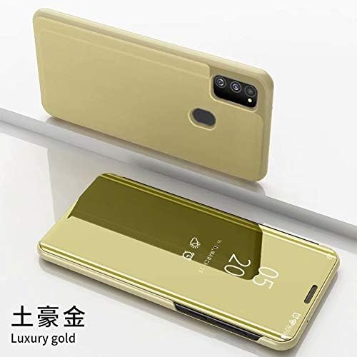 Smfu Cover Samsung Galaxy M30s,Case Mirror Design Clear View Ultra Slim Electroplate Standing Case + Tempered Glass Film 2 Pieces 360° Protective Flip Mirror for Samsung Galaxy M30s -Gold