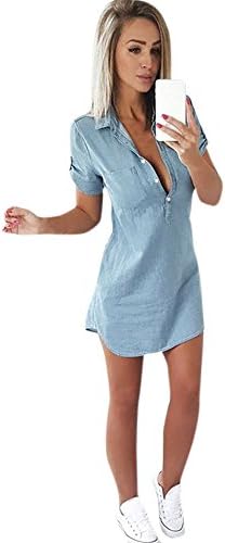 Women Short Sleeve Solid Dress Above Knee Mini Skirt Denim A-Line Dresses Turn Down Collar Shirt Ladies Summer Button Down Tops for Holiday Daily Wear by WNGO