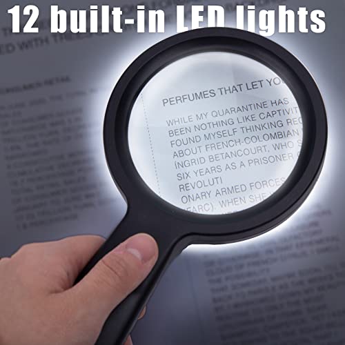 HAKACC 10X Magnifying Glass with Light, 12 LED Illuminated Handheld Magnifier 85mm Magnifying Lens for Hobbies Macular Degeneration Seniors Reading Kids Exploring