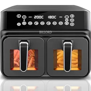 Billord Air Fryer for Home,Dual AirFryers Staineless Steel,Large Airfryer Oiless Healthy Multi-Cooker,Dual Zone Independent Cooking,Toast,Bake,Roast,Reheat,Airfryer with Glass Nonstick Baskets, 2x5L