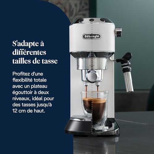 Dedica Style EC685.W, Machine à Café à Pompe en Acier Inoxydable Pour Café Moulu ou Dosettes, Machine à Espresso et Cappuccino, Réservoir de 1,3L, Système Anti-goutte, Blanc