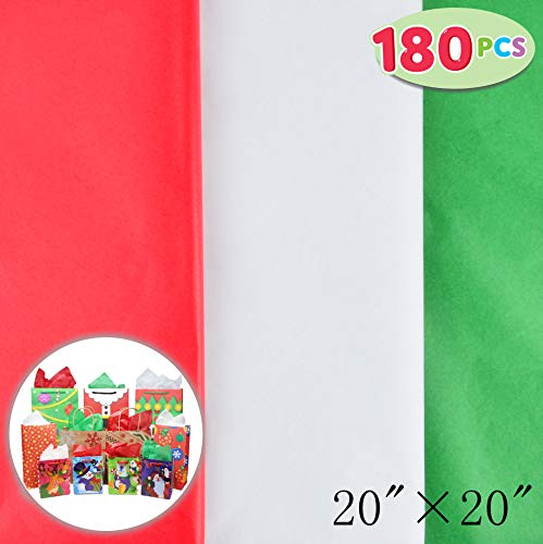 180 Sheets 20" x 20" Christmas Tissue Paper Assortment (Red, Green & White); 60 Sheets per Color Easy and Fast Gift Wrapping Accessory for Christmas Gifts and Wine Bottles