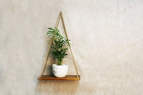 WoodenStuff Hanging Shelf for Wall & Window Plant Holder Indoor 14x6 Inch Decorative Wooden Mounted Swing Rustic Rope Shelves for Home Decor Living Room Bathroom Bedroom