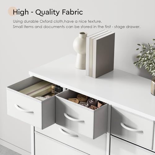 YeTom Dresser for Bedroom with 10 Drawers, 4-Tier Wide Storage Chest of Drawers with Removable Fabric Bins for Closet Nursery Bedside Living Room Laundry Entryway Hallway, White