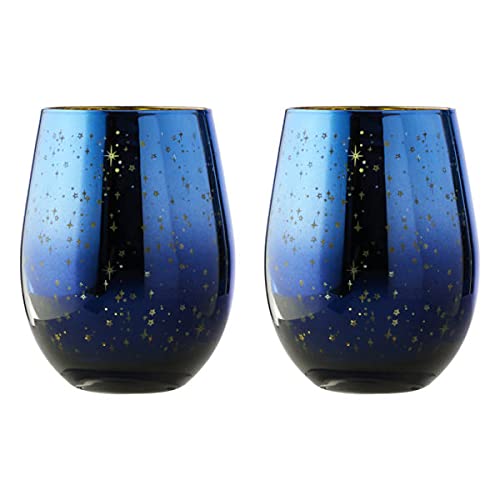ARTLAND - Set of 2 Galaxy DOF Tumblers - Space Inspired Tumbler Glasses - Mouth Blown Glassware - Blue & Gold