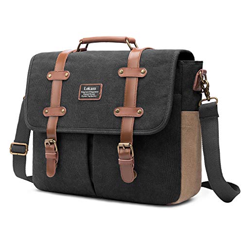 Mens Messenger Bag, 15.6 Inch Laptop Shoulder Bag Canvas Genuine Leather Business Briefcase Large Vintage Satchel College Bookbag Retro Brown Leather Handbag Crossbody Bag for Men, Black