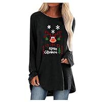 Amlaiworld Christmas Women Fashion Plus Size Pullover Sweater Print Round Neck Long Sleeved T-Shirt Blouse Black