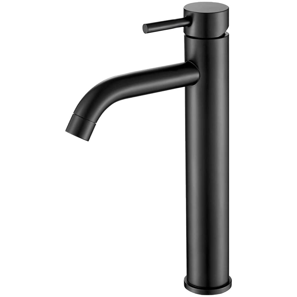 VALAZ Jabalon Round Black Matt Single Lever Basin Mixer Tap with Curved Spout for Cold and Hot Water in Brass