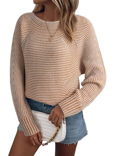EVALESS Plus Size Sweaters for Women Cute Long Sleeve Striped Sweaters Trendy 2025 Business Casual Outfits Women Winter Clothing Warm Cozy Cable Knit Tops Crewneck Pullover Khaki Sweater, XX-Large at Amazon
