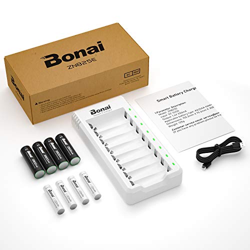 BONAI Rechargeable Ni-MH Battery Charger with 4 Pieces 2800mAh AA and 4 Pieces 1100mAh AAA Ni-MH Rechargeable Batteries with USB Port