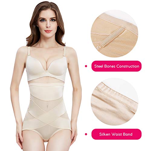 PAUKEE Shapewear for Women Hi-Waist Brief Tummy Control Underwear Slimmer Body Shaper Butt Lifter Panty Girdle (Beige, XL=8-10)