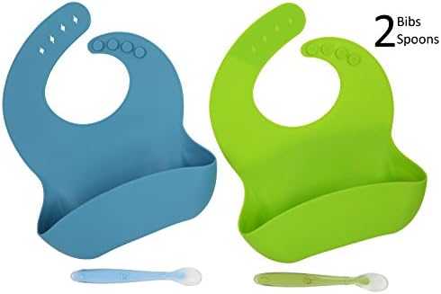 Silicone Bibs for Toddlers. Waterproof Bibs Gift Bundle for Boys &amp; Girls. Every Silicone Bib Bundle includes 2 Waterproof Adjustable Easy to Clean Silicone Baby Bibs &amp; Bonus 2 Spoons Free