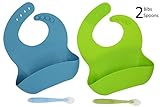 Silicone Bibs Bundle for Boys & Girls. Every Bundle includes 2 Waterproof Adjustable Easy to Clean Silicone Baby Bibs & Bonus 2 Spoons Free (Stone Wash Blue / Luminous Green)