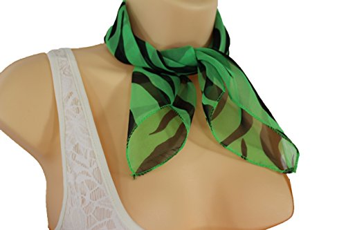TFJ Women Fashion Small Neck Scarf Sheer Fabric Black Zebra Print Pocket Square Green