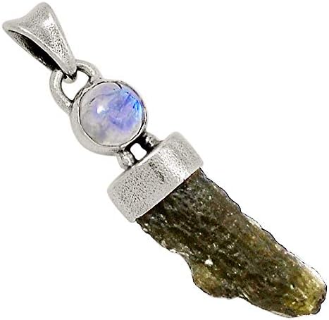 Israeli Design - Moldavite & Green Tourmaline 925 Silver Pendant Jewelry 1 3/8" 25514P