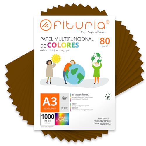 OFITURIA Folios de Colores A3 80gr, Pack 1000 Hojas – Papel Marrón para Manualidades, Impresora y Scrapbooking – Folios A3 Colores – Ideal Origami, Oficina y Escuela (Marrón)