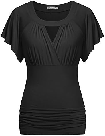 Womens Blouses,Kissmay Sexy Round Neck Short Sleeve Pleated Front Tunics Black L