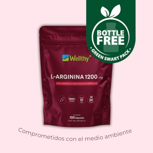 Wellthy L-Arginina 1200mg 100 Caps. 100% Pura y Natural, 50 Porciones por Envase, Alta Pureza con Certificaciones Internacionales, Bottle Free