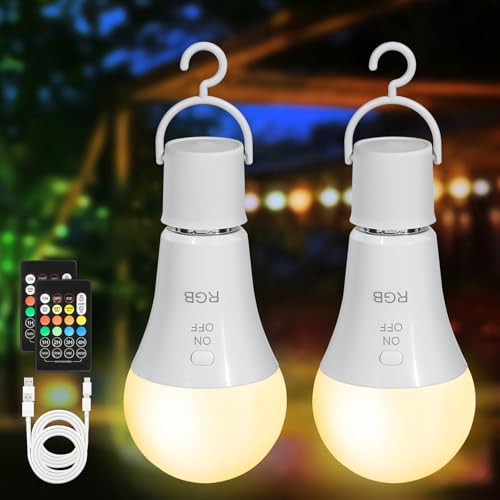 Kimjo E27 LED Light Bulb, RGB Rechargeable Bulb with Remote Control Wireless Dimmable, USB C LED Battery with Timing Function, 7W, 2000mAh, Pack of 2
